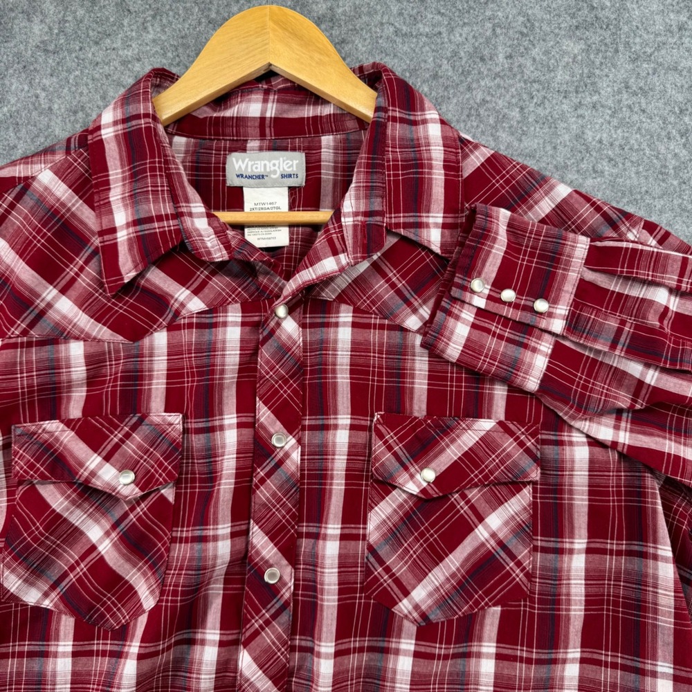 Wrangler Wrancher Western Shirt Mens 2XT Red Plaid Pearl Snap Tall MTW1467